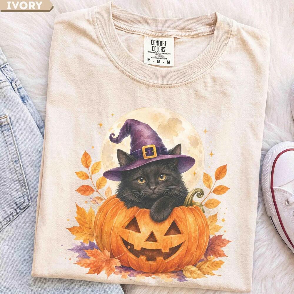 Black Cat Pumpkin Halloween Shirt, Witch Hat Graphic Tee